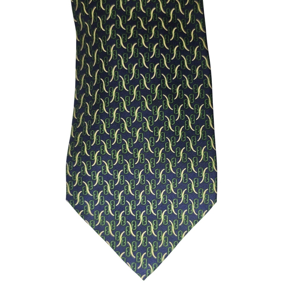Fendi Silk Tie Mens OS Navy Blue Green Gold Geometric Logo Made in Italy